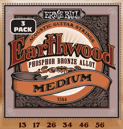 Ernie Ball Earthwood Medium Phosphor Bronze Acoustic Guitar Strings 3 Pk 13-56 Gauge