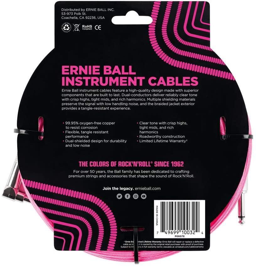 Ernie Ball Braided Straight to Angle Instrument Cable 10 foot in Neon Pink