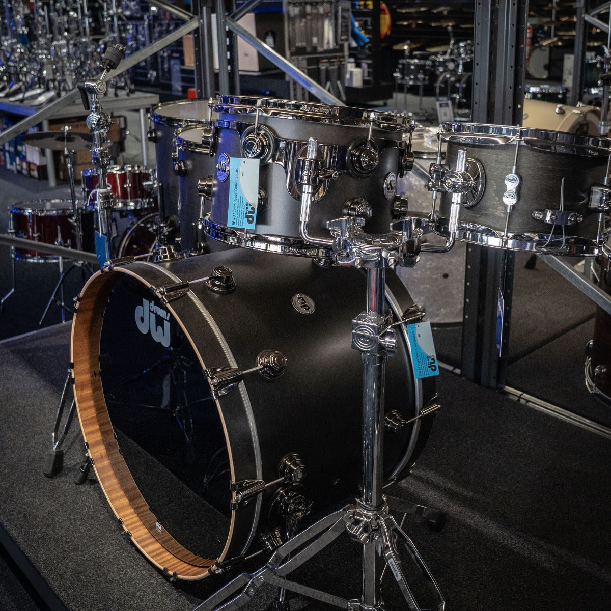 DW Collectors Maple / Mahogany 4-Piece Shell Pack  (12TT/14FT/16FT/22K) in Super Intense Ebony Satin Oil w/Black Nickel Hardware