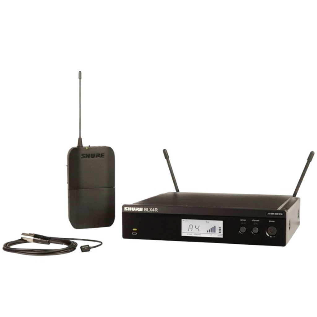 Shure Wireless 1/2R Lavalier System BLX1 Tx; WL93 Mic; BLX4R Rx Auto Setup 614-638MHz