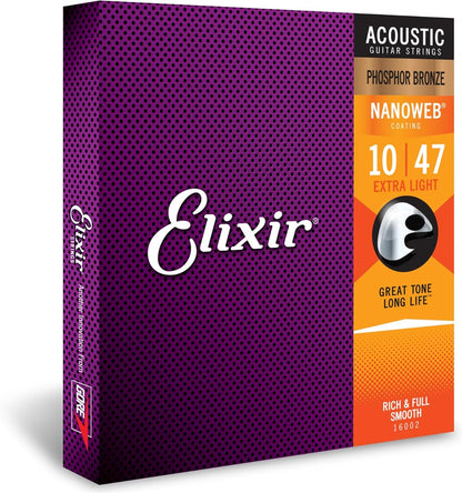 Elixir 16002 Nanoweb Phosphor Bronze Acoustic Guitar Strings Extra Light 10-47 Gauge