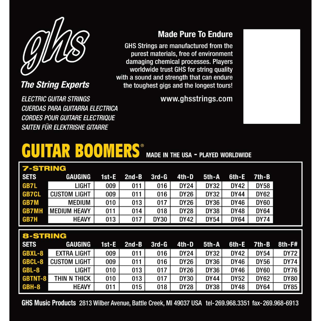 GHS GB7L Boomers Extra Light 7 String Electric Guitar Strings 9-58 Gauge