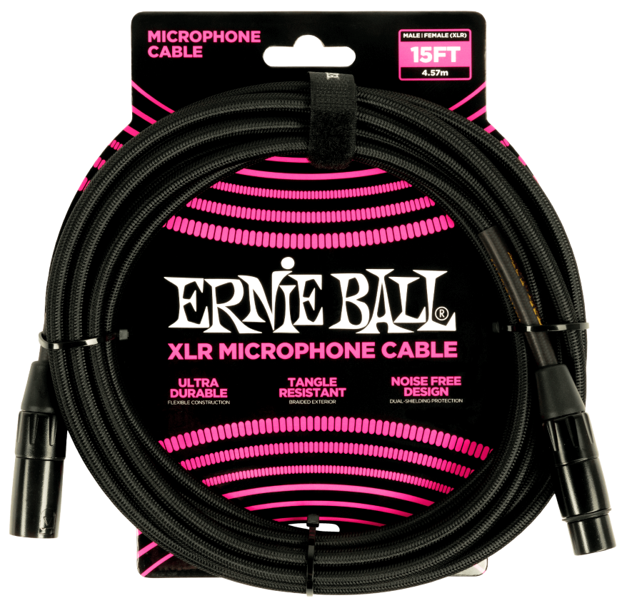 Ernie Ball 15ft Braided Male Female XLR Microphone Cable in Black