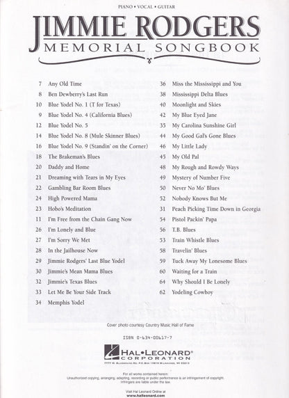 Jimmie Rodgers Memorial Songbook Fakebook PVG