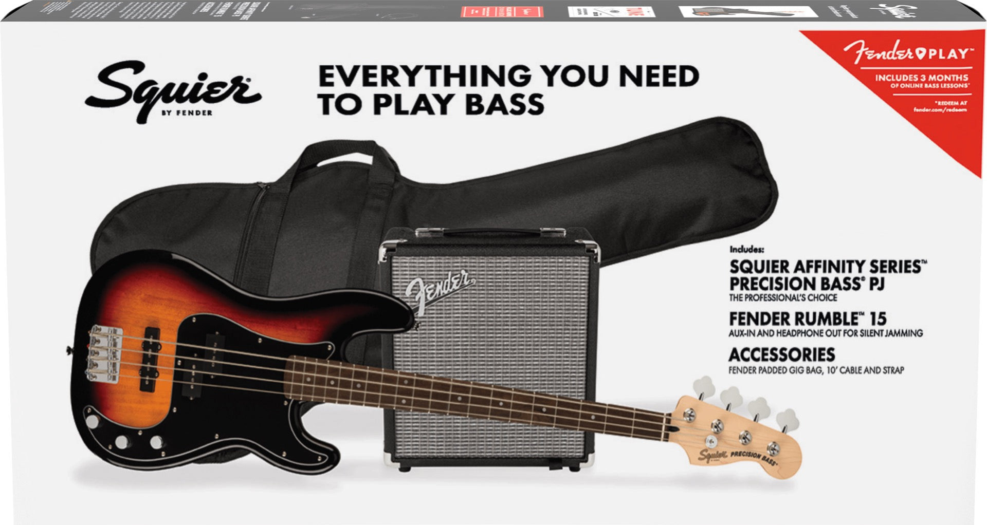 Squier Affinity Series Precision Bass PJ Pack, Laurel Fingerboard in 3-Color Sunburst