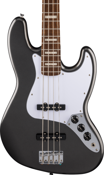 Squier FSR Affinity Series Active Jazz Bass, Laurel Fingerboard, White Pickguard in Charcoal Frost Metallic