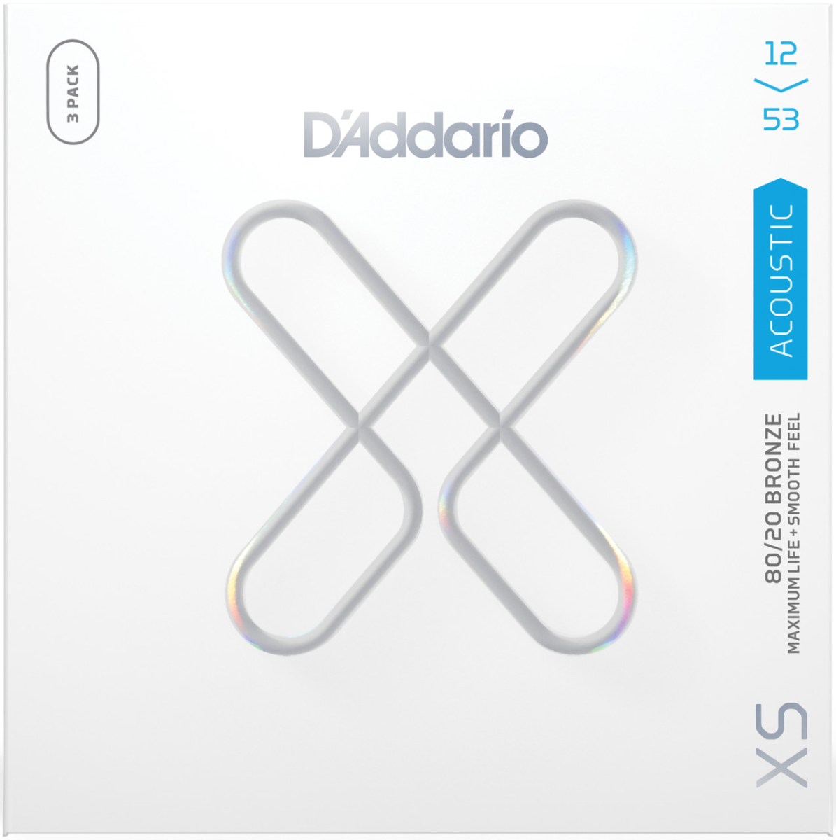 D'Addario XS 80/20 Bronze Regular Light Coated Acoustic Guitar Strings 3 Pack 12-53 Gauge