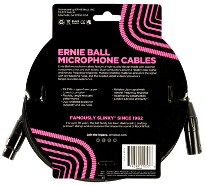Ernie Ball 20ft Braided Male Female XLR Microphone Cable in Black
