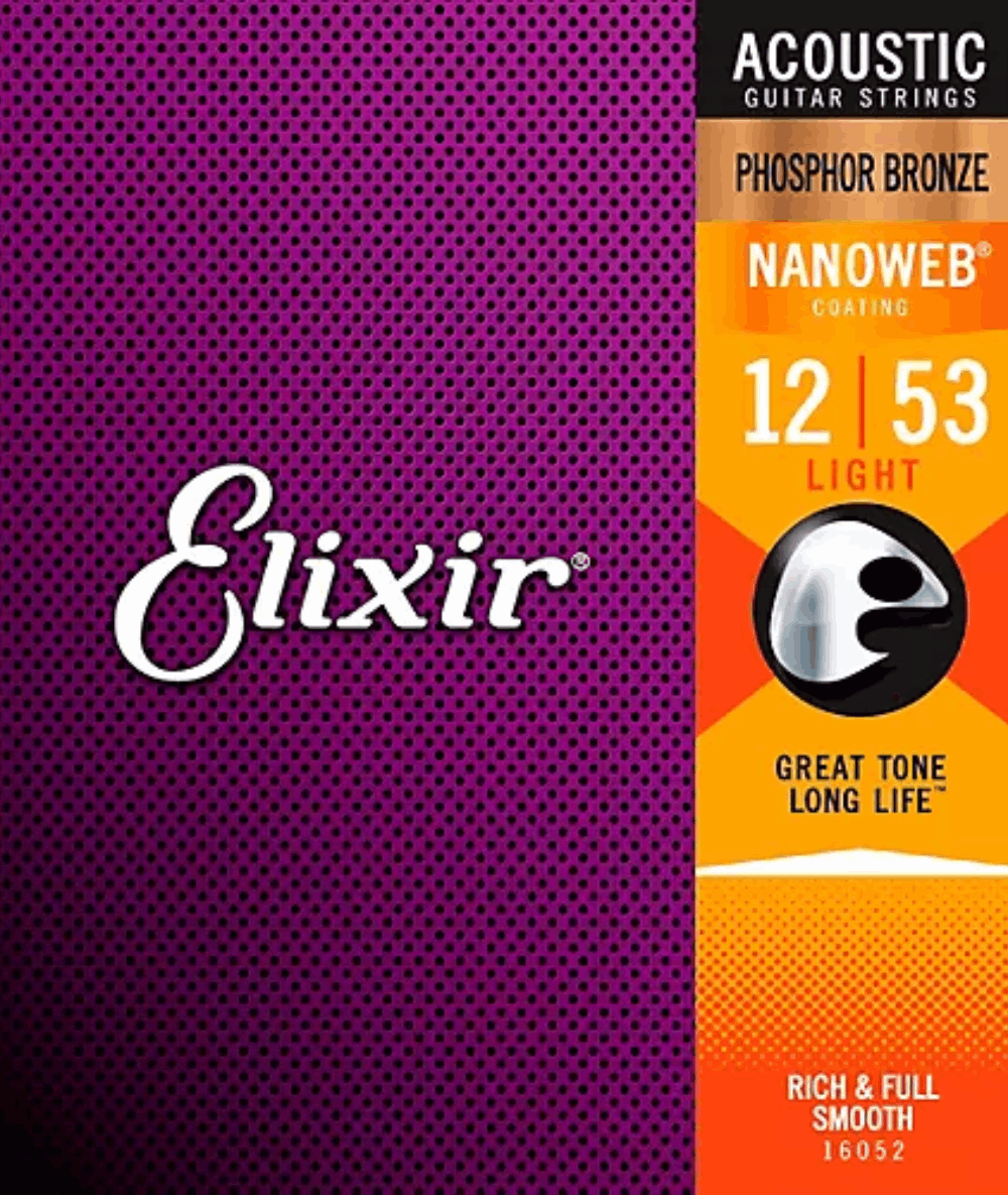 Elixir  16052 Nanoweb Phosphor Bronze Acoustic Guitar Strings Lite 12-53 Gauge