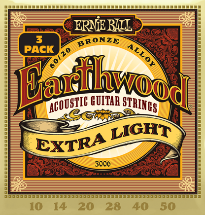 Ernie Ball Earthwood Extra Light 80/20 Bronze Acoustic Guitar Strings 3 Pk 10-50 Gauge