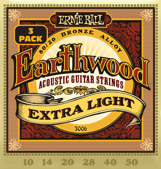 Ernie Ball Earthwood Extra Light 80/20 Bronze Acoustic Guitar Strings 3 Pk 10-50 Gauge
