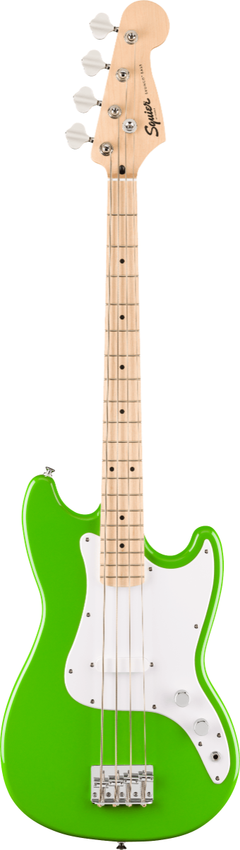 Squier FSR Squier Sonic Bronco Bass, Maple Fingerboard, White Pickguard in Lime Green