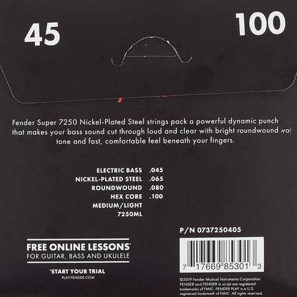 Fender7250ML Nickel Plated Bass Strings Long Scale .045-.100 Gauge