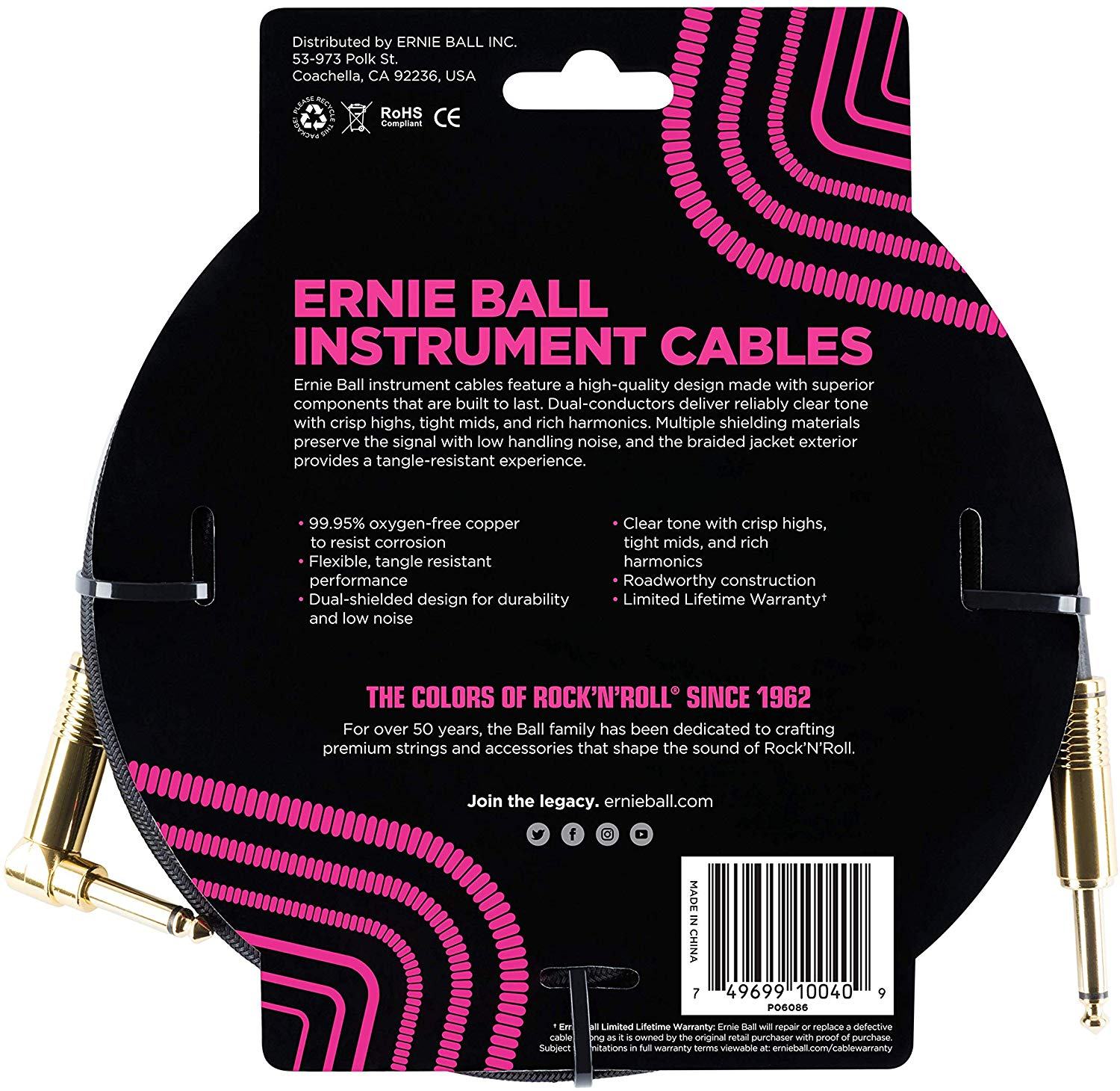Ernie Ball Braided Straight to Angle Instrument Cable 18 foot in Black Gold Tips