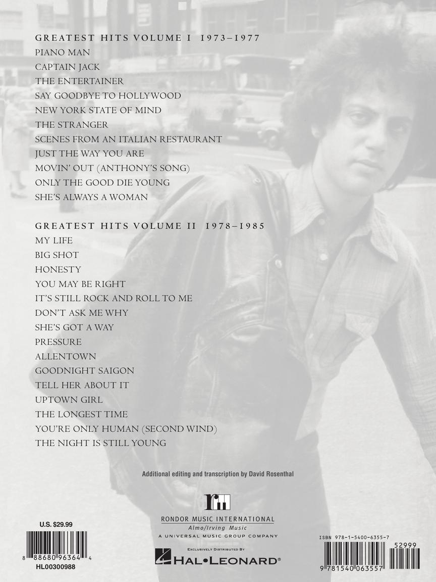 Billy Joel Greatest Hits Volume I & II PVG ED Rosenthal