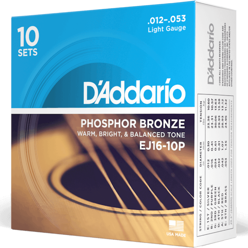 D'Addario EJ16 10P Phosphor Bronze 10 Sets Acoustic Guitar Strings Light 12-53 Gauge