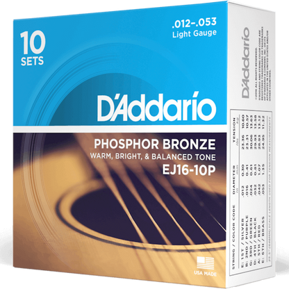 D'Addario EJ16 10P Phosphor Bronze 10 Sets Acoustic Guitar Strings Light 12-53 Gauge