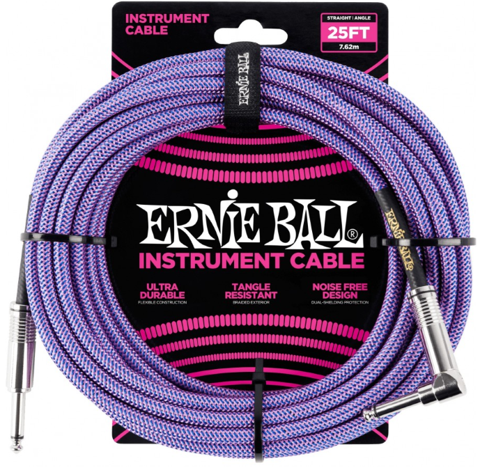 Ernie Ball Braided Straight to Angle Instrument Cable 25 foot in Purple Blue