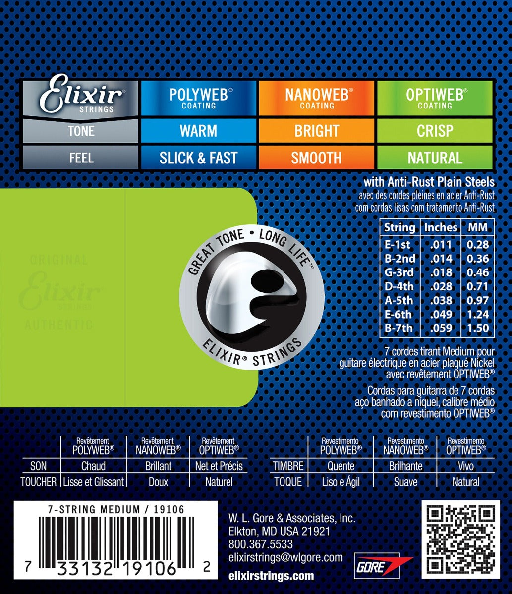 Elixir 19106 Optiweb 7 String Electric Guitar Strings Medium 11-59 Gauge