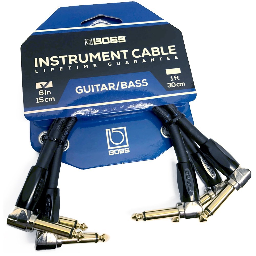 BOSS 6" 15cm Right Angle 1/4" to Same Patch Instrument Cable 3 Pack
