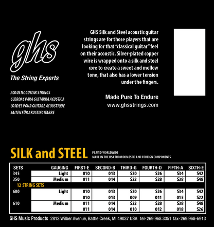 GHS 350 Silk and Steel Silver Plated Copper Acoustic Guitar Strings 11-48 Gauge