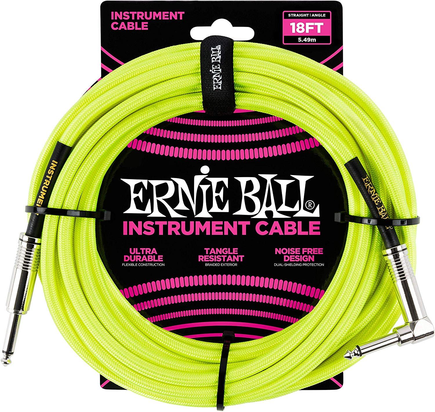 Ernie Ball Braided Straight to Angle Instrument Cable 18 foot in Neon Yellow