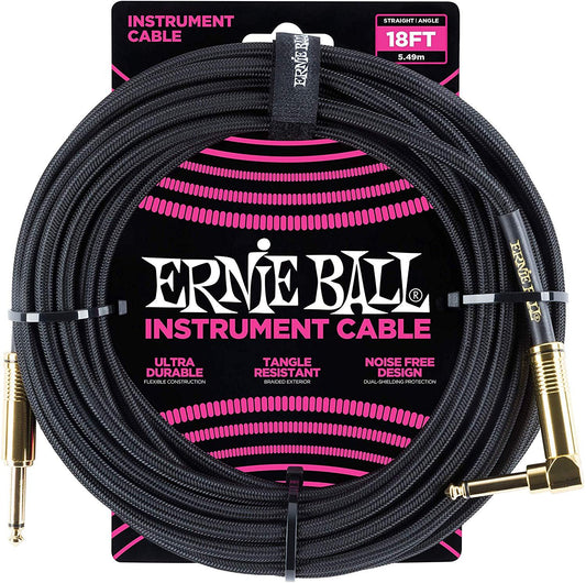 Ernie Ball Braided Straight to Angle Instrument Cable 18 foot in Black Gold Tips