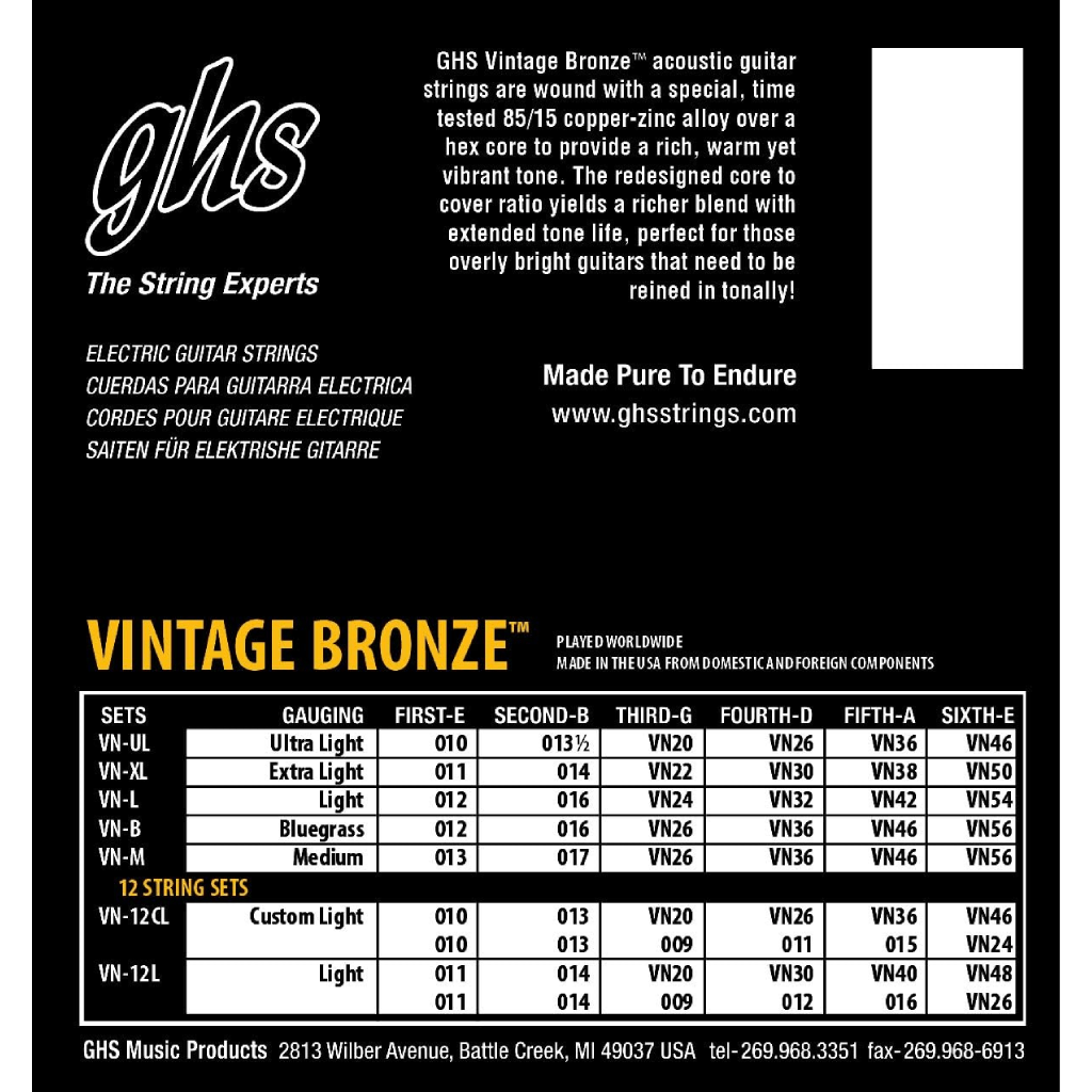 GHS VNXL Extra Light Vintage Bronze Acoustic Guitar Strings 11-50 Gauge