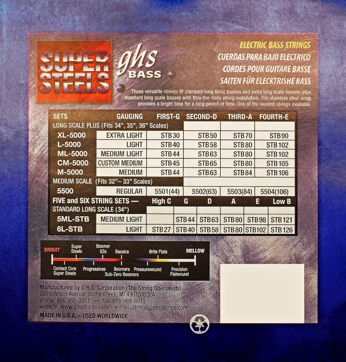 GHS ML5000 Bass Super Steels Guitar Strings 44-102 Gauge