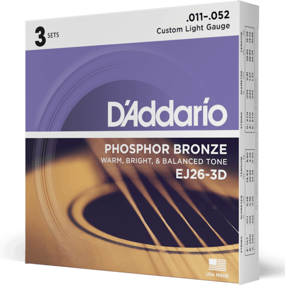 D'Addario EJ26 3D Phosphor Bronze 3 Sets Acoustic Guitar Strings Custom Light 11-52 Gauge