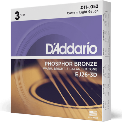 D'Addario EJ26 3D Phosphor Bronze 3 Sets Acoustic Guitar Strings Custom Light 11-52 Gauge