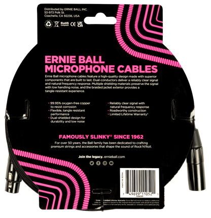 Ernie Ball 15ft Braided Male Female XLR Microphone Cable in Black