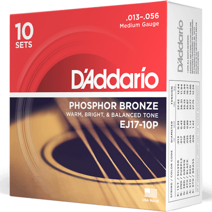 D'Addario EJ17 10P Phosphor Bronze 10 Sets Acoustic Guitar Strings Medium 13-56 Gauge
