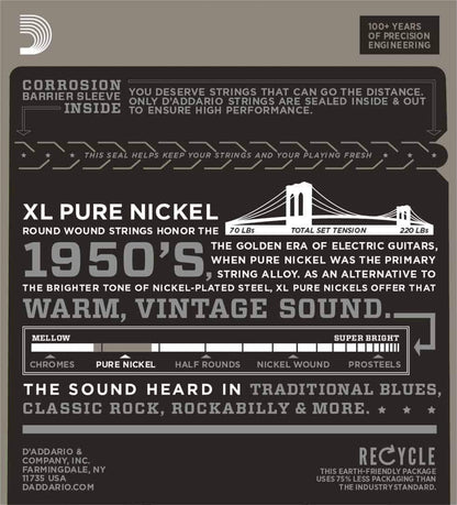 D'Addario EPN115 Pure Nickel Electric Guitar Strings Medium 11-48 Gauge