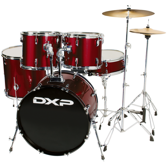 DXP Pioneer 5-Piece Rock Package with Cymbals and Stool Drum Kit in Red