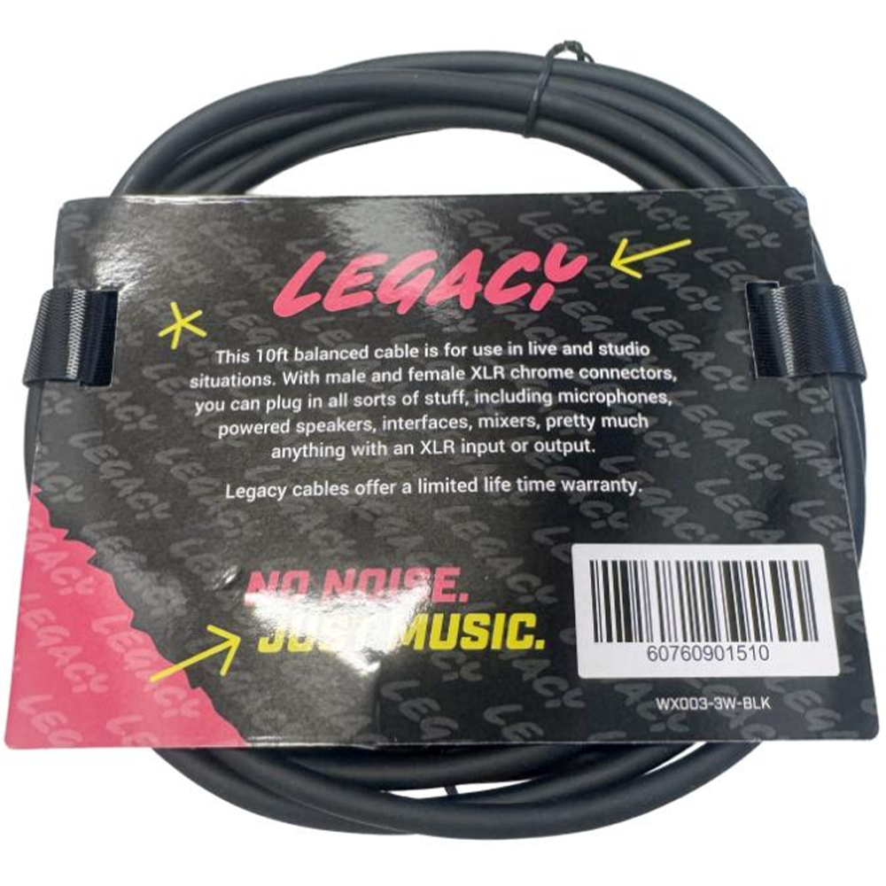 Legacy 3m Microphone XLRF to XLRM Cable, Chrome Connectors in Black
