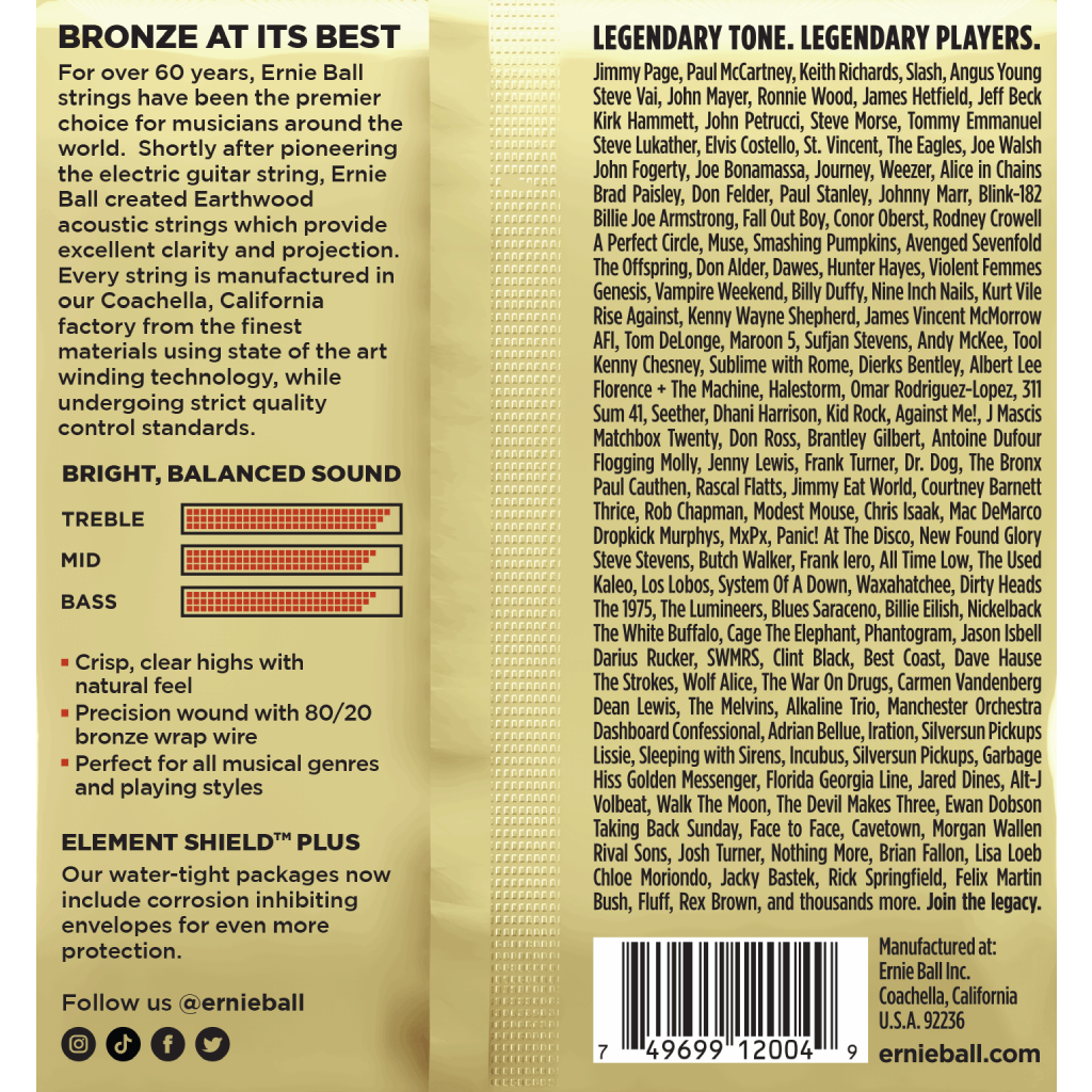 Ernie Ball Earthwood Medium Light 80/20 Bronze Acoustic Guitar Strings 12-54 GAUGE