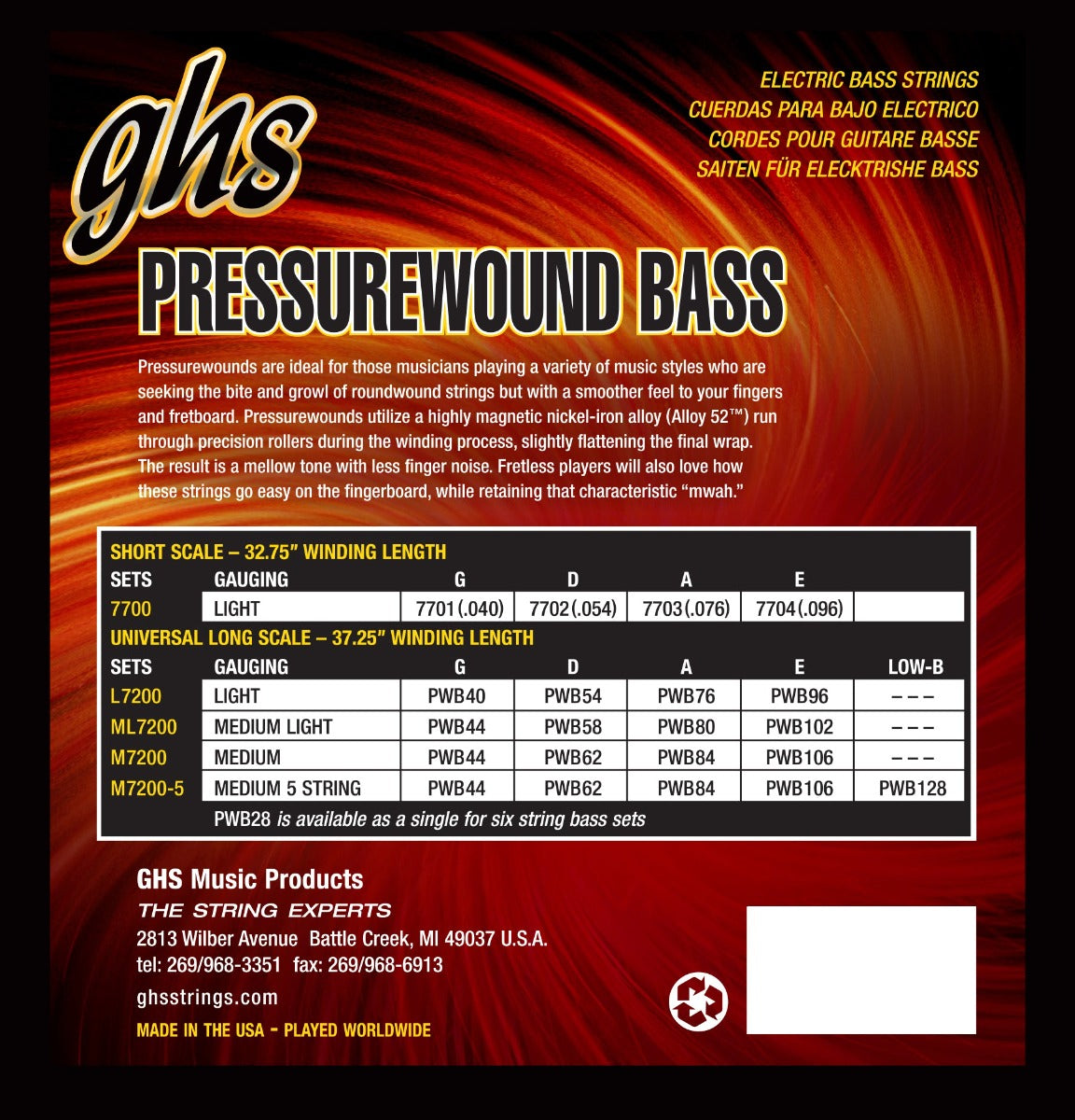 GHS M7200 Pressurewound Bass Guitar Strings 44-106 Gauge
