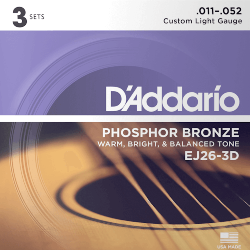 D'Addario EJ26 3D Phosphor Bronze 3 Sets Acoustic Guitar Strings Custom Light 11-52 Gauge