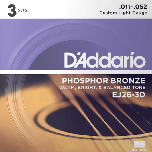 D'Addario EJ26 3D Phosphor Bronze 3 Sets Acoustic Guitar Strings Custom Light 11-52 Gauge