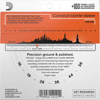 D'Addario Flat Tops Phosphor Bronze Regular Medium Resophonic Acoustic Guitar Strings 16-56 Gauge