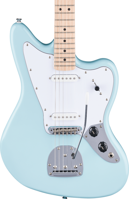 Squier FSR Affinity Series Jaguar, Maple Fingerboard, White Pickguard, Matching Headstock in Daphne Blue