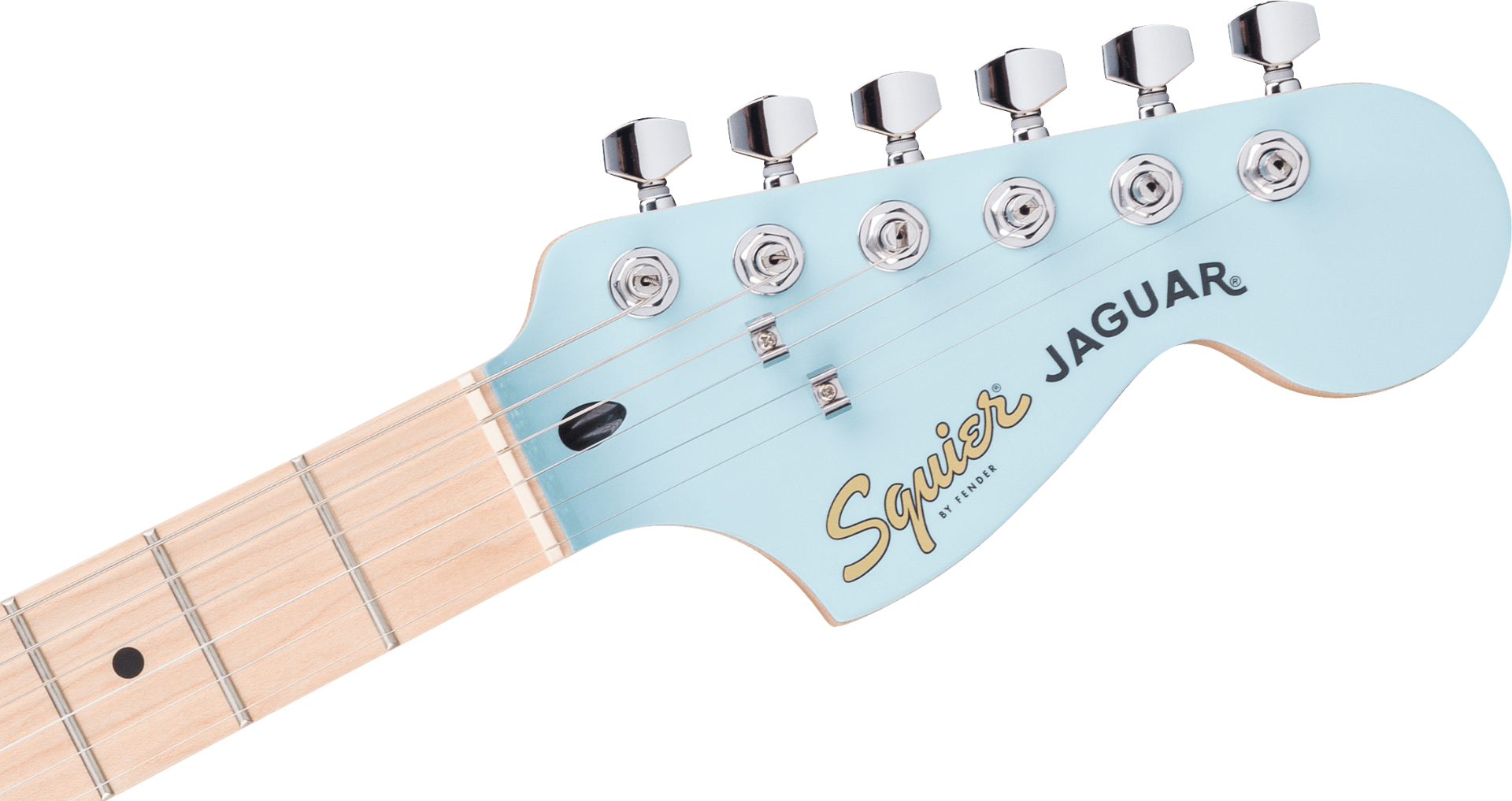 Squier FSR Affinity Series Jaguar, Maple Fingerboard, White Pickguard, Matching Headstock in Daphne Blue