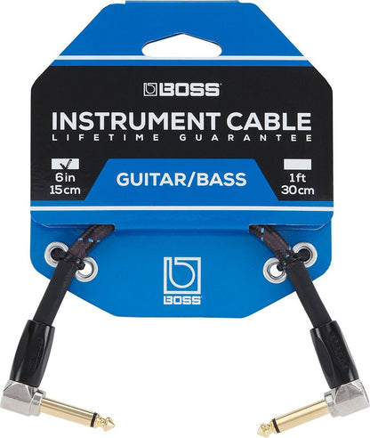 BOSS 6" 15cm Right Angle 1/4" to Same Patch Instrument Cable 3 Pack