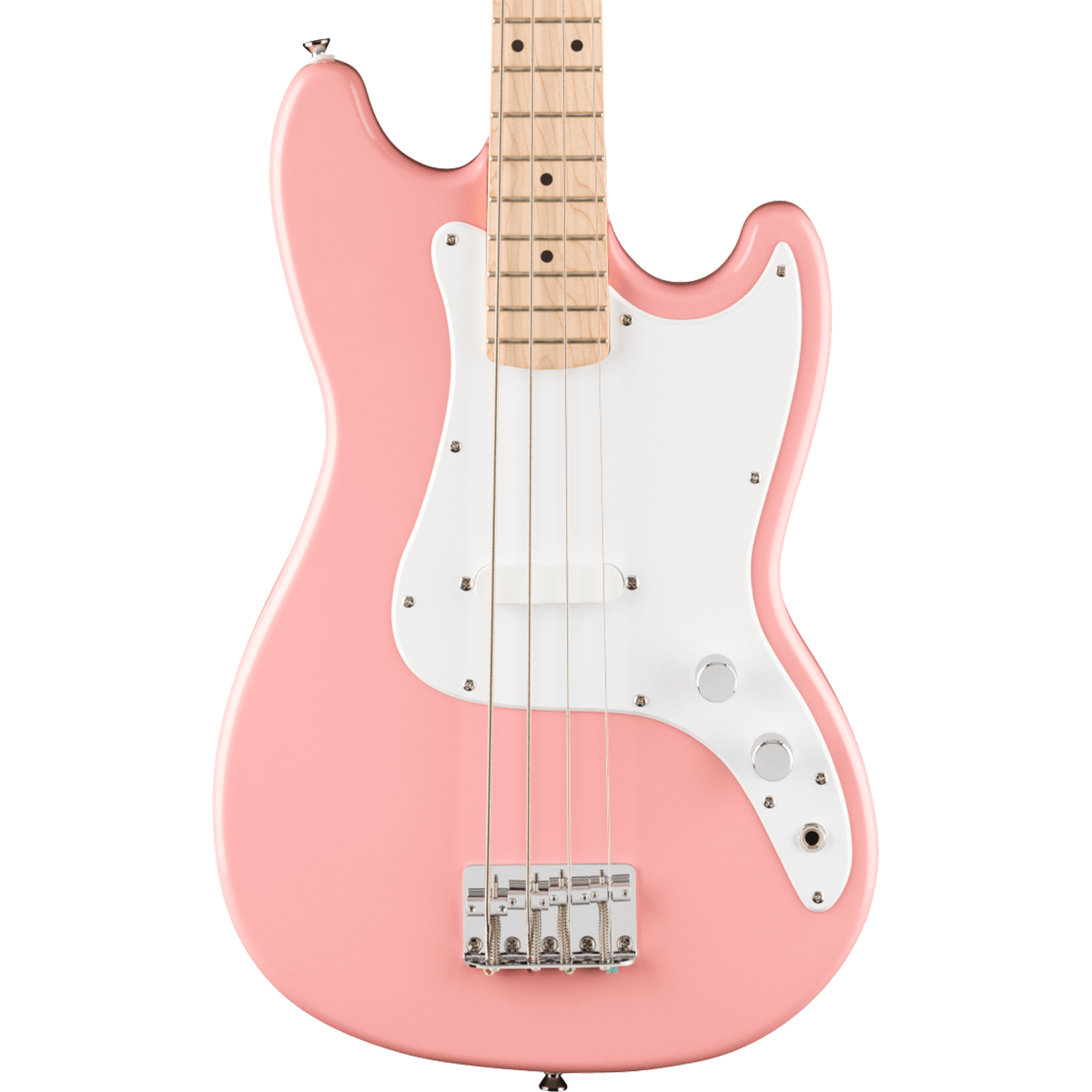Squier FSR Squier Sonic Bronco Bass, Maple Fingerboard, White Pickguard in Shell Pink