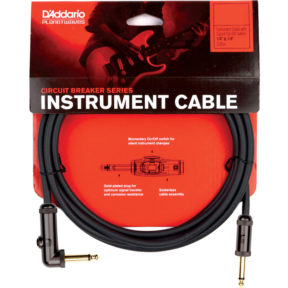 D'Addario Planet Waves 10' Circuit Breaker Instrument  Right Angle Plug  Latching Switch Cable in Black
