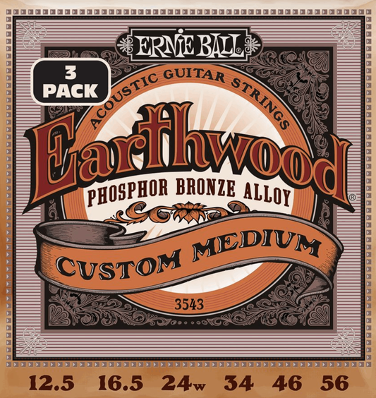 Ernie Ball Earthwood Custom Medium Phosphor Bronze Acoustic Guitar Strings 3 Pk 12.5-56 Gauge