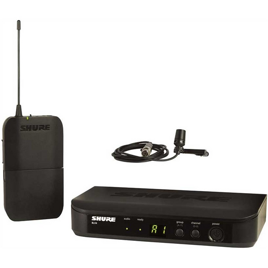 Shure Wireless Lapel Mic System BLX1 Tx; CVL-B/C Mic; BLX4 Rx Auto Setup 614-638MHz