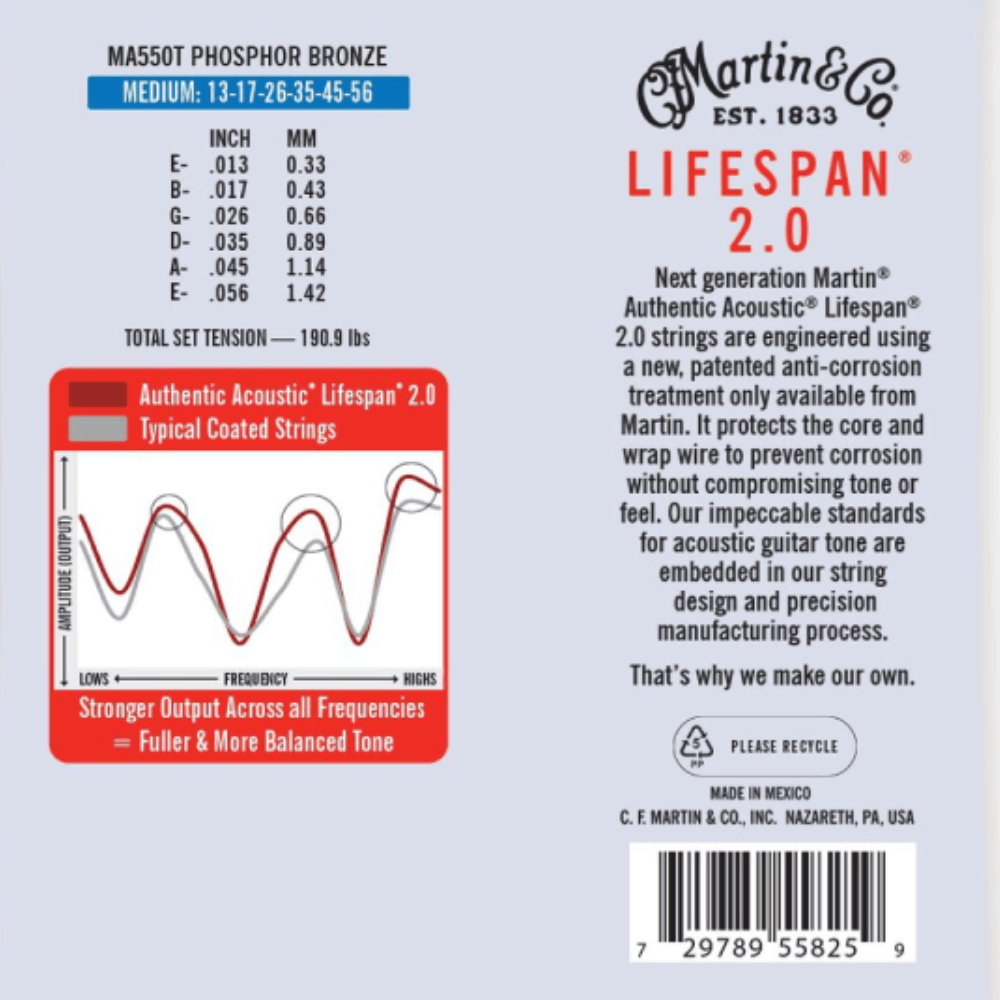 Martin Strings MA550T Authentic 92/8 Phosphor Bronze Guitar Strings  Medium 13-56 Gauge