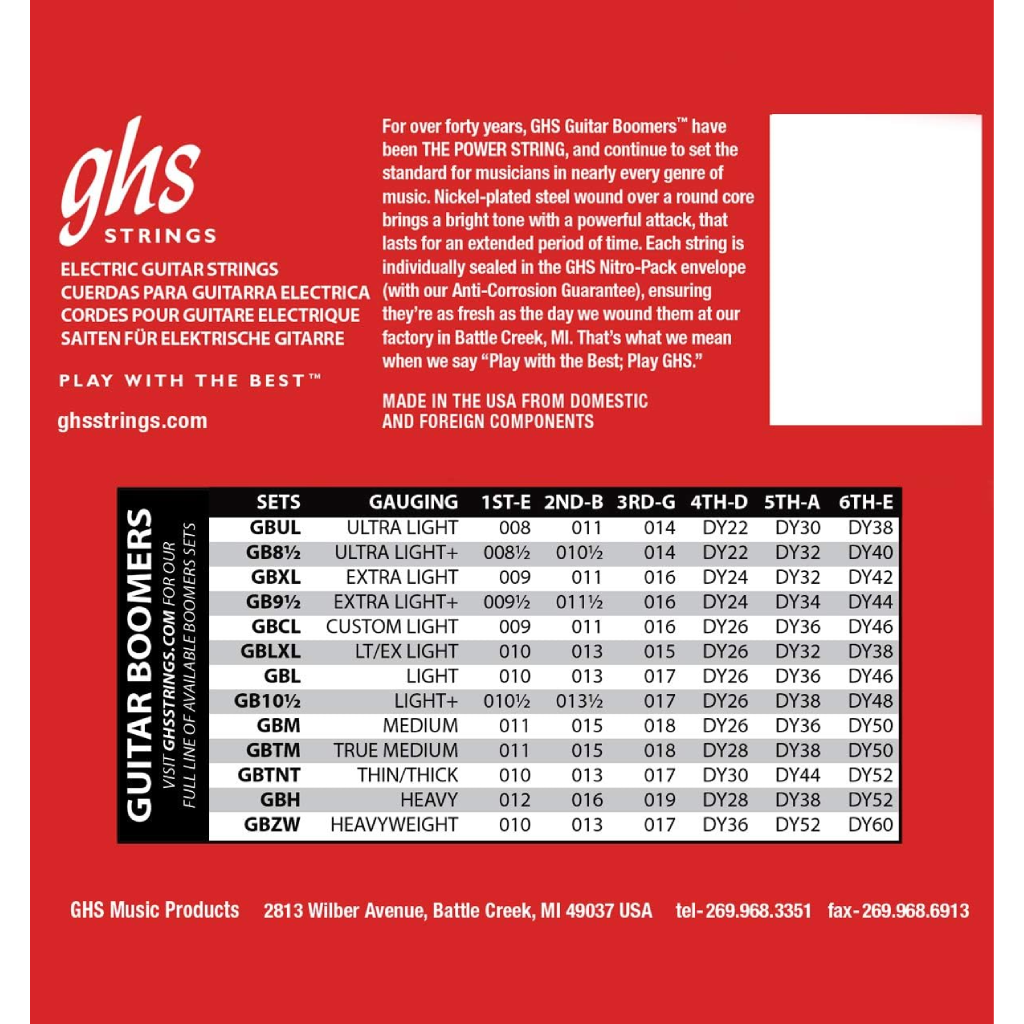 GHS GB10 1/2 Boomers Light Electric Guitar Strings 10.5-48 Gauge